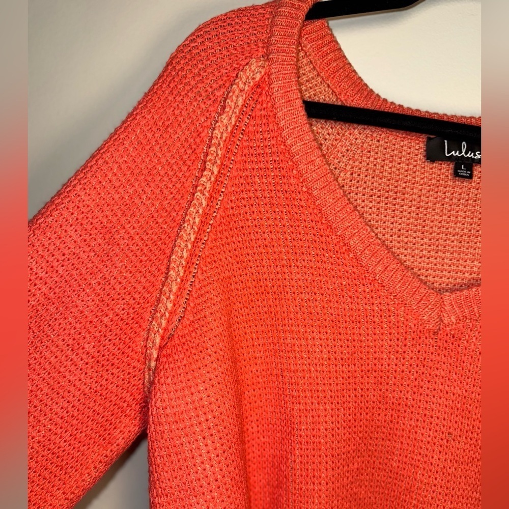 Lulu's Cozy Pink Coral V-Neck Sweater - Picture 3 of 5